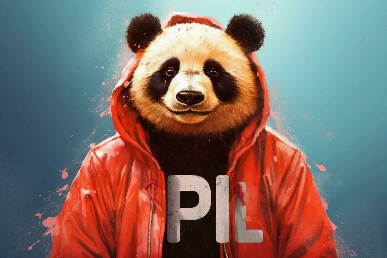 a panda with a red jacket and a hoodie that saysp photo