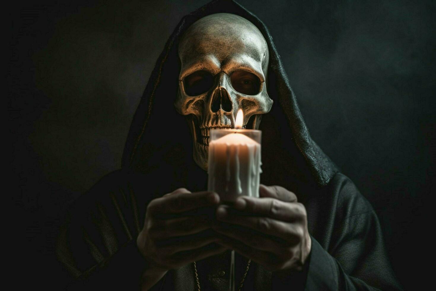 a person with a skull mask and a candle in their ha photo
