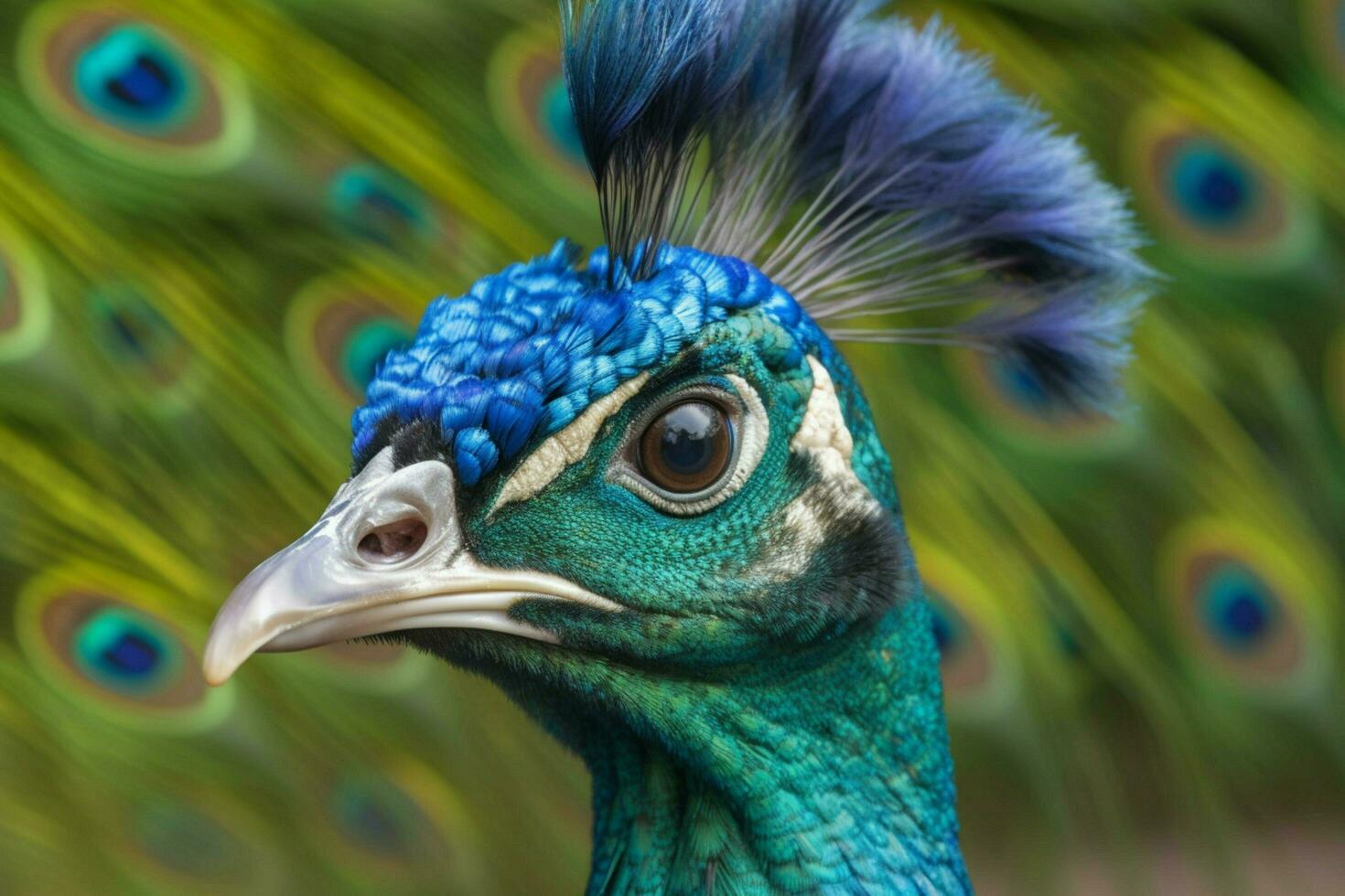 a peacock with a blue head and green feathers on photo