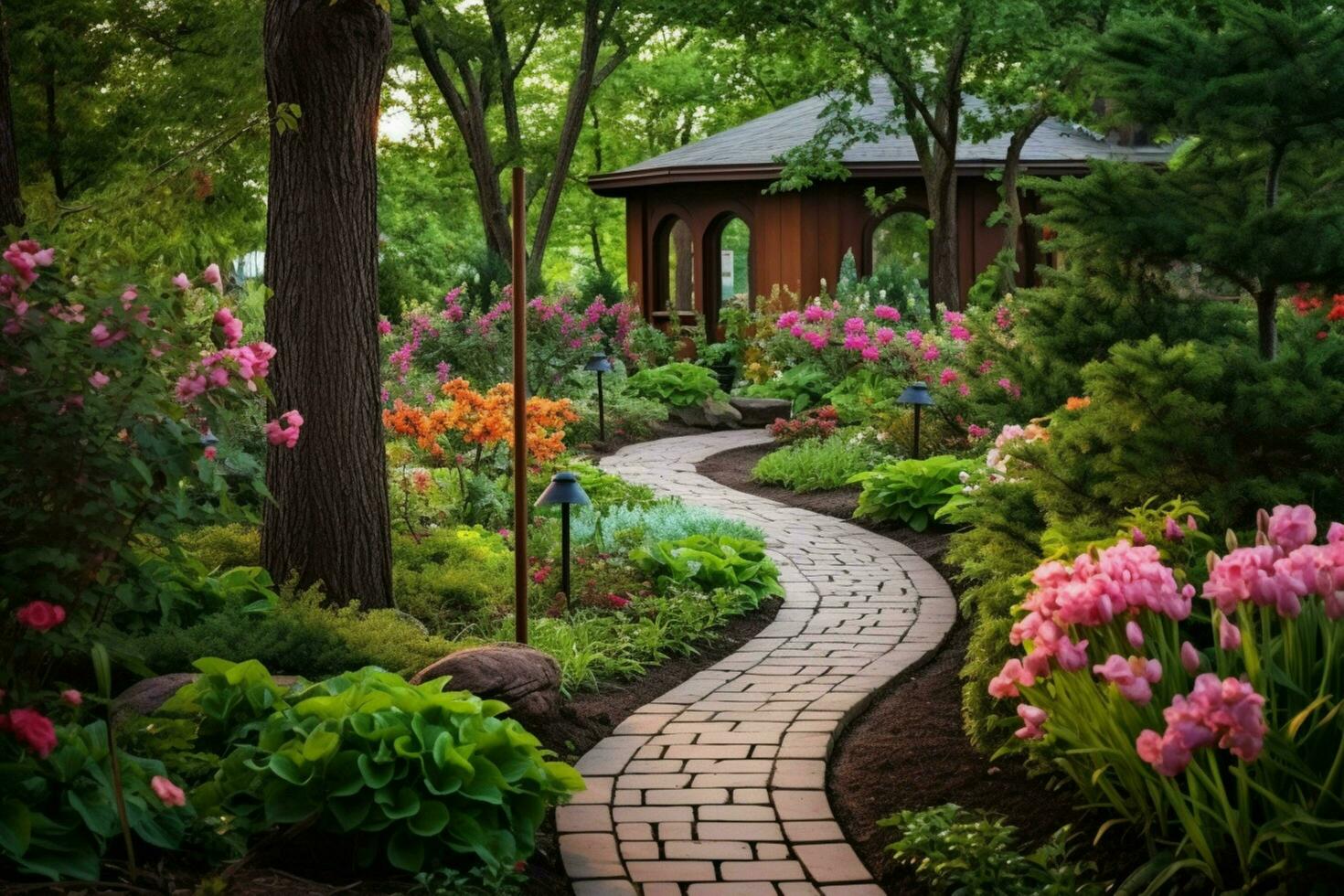a path leading to a flower garden with a flowery photo