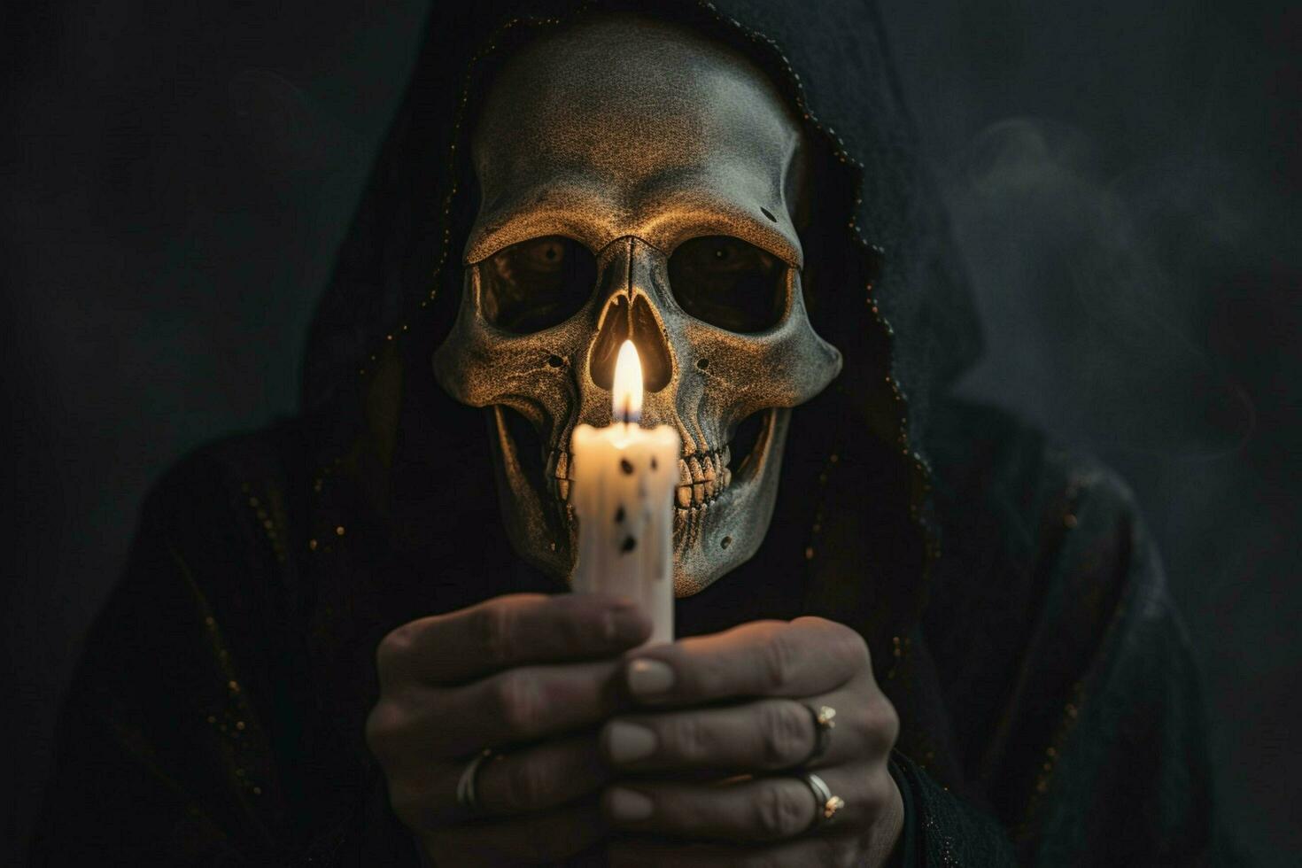 a person with a skull mask and a candle in their photo