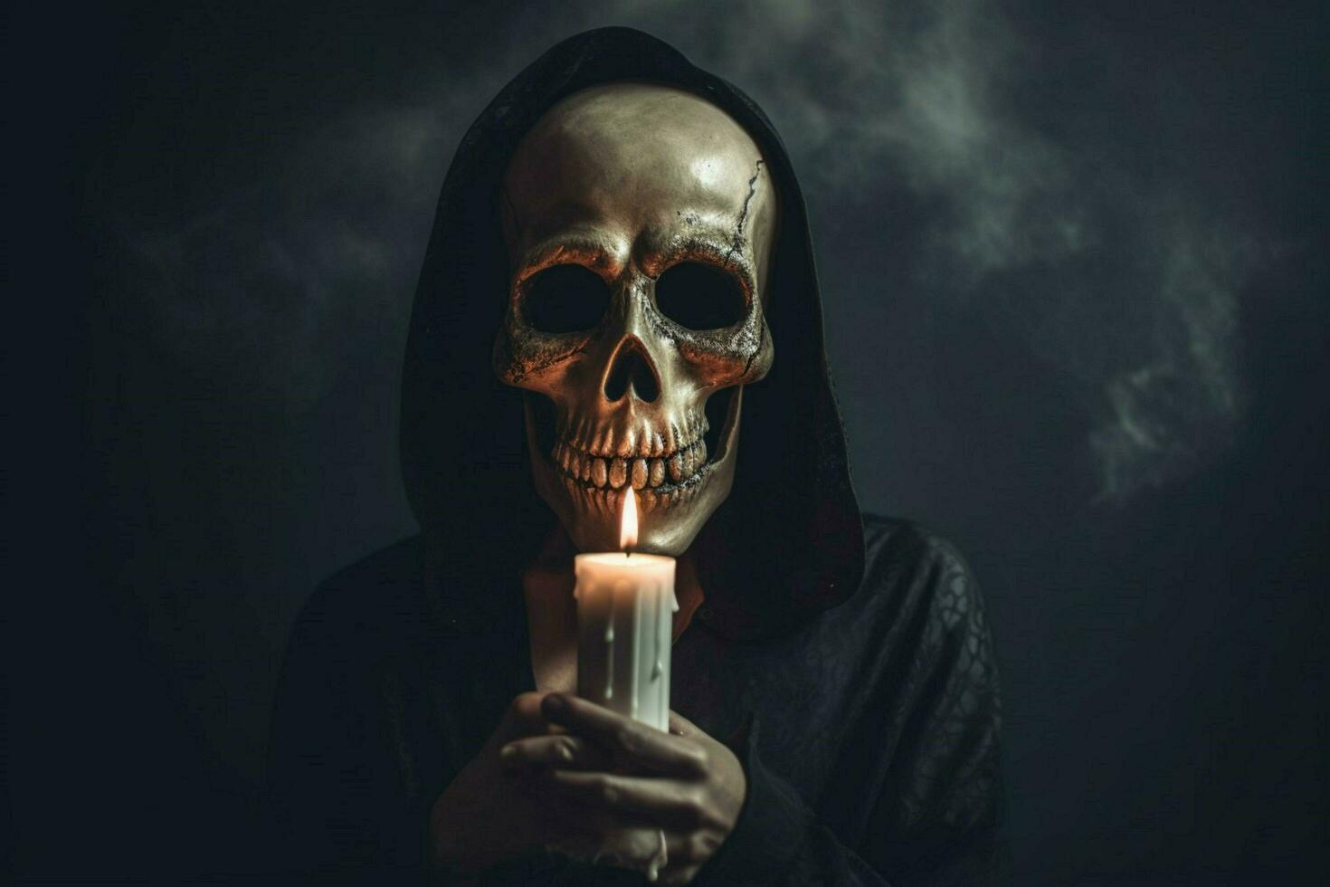 a person with a skull mask and a candle in their ha photo