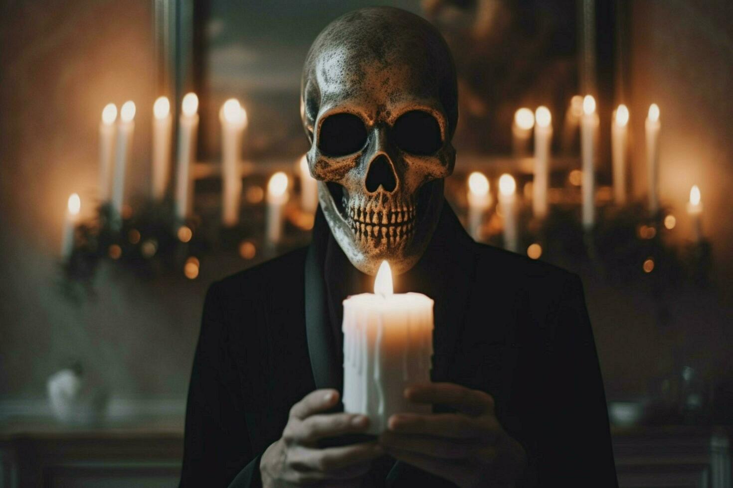 un persona con un cráneo máscara y un vela en su foto