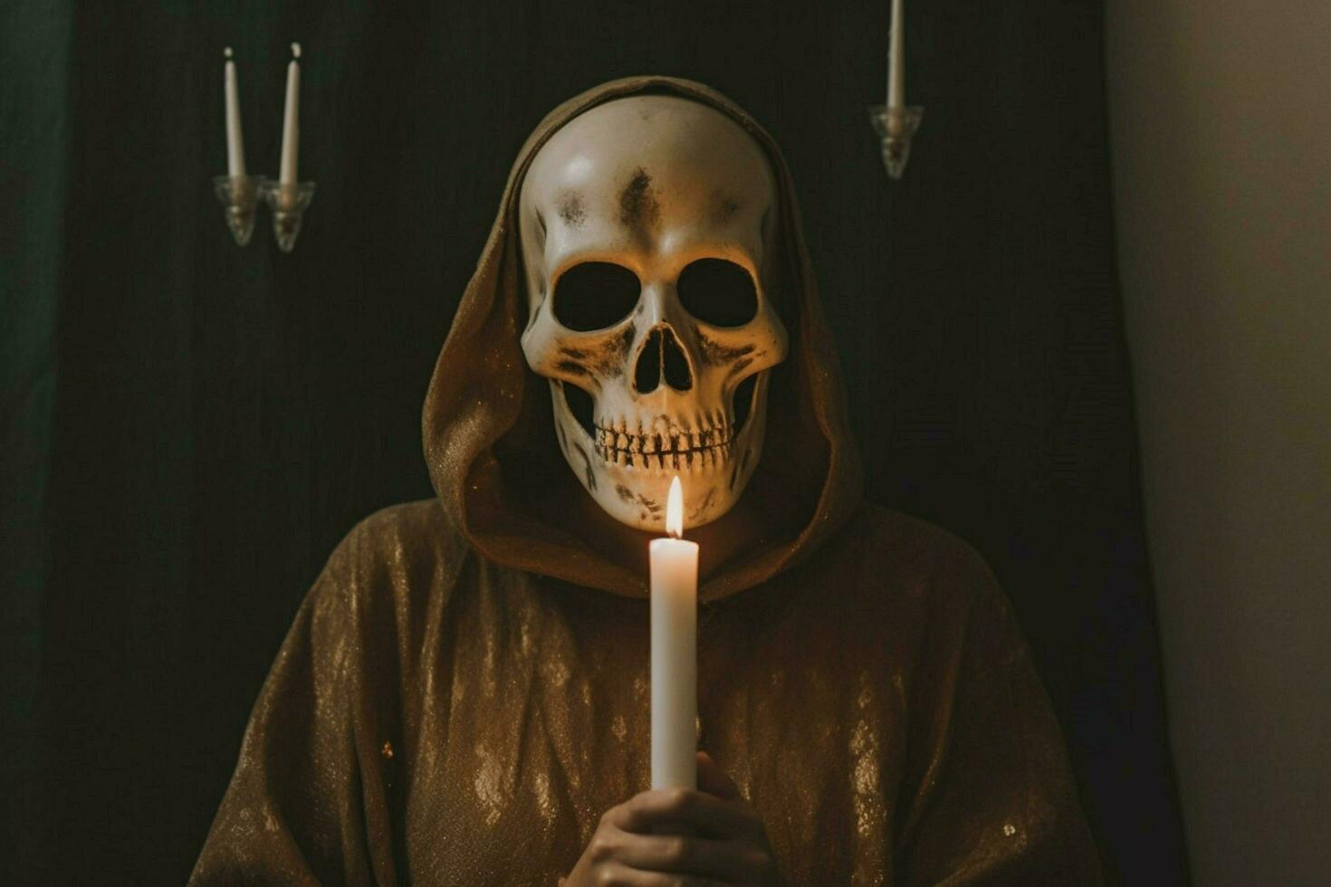 a person with a skull mask and a candle in their photo