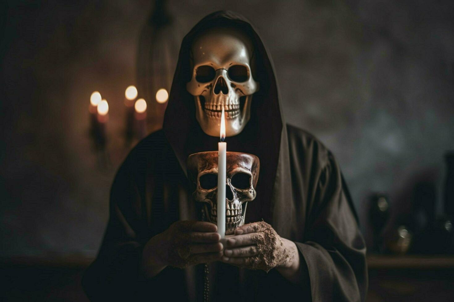 a person with a skull mask and a candle in their ha photo