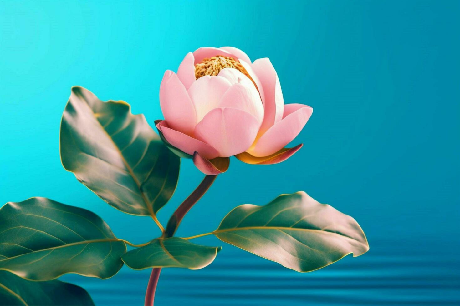 a pink flower with a green leaf on it is on a blu photo