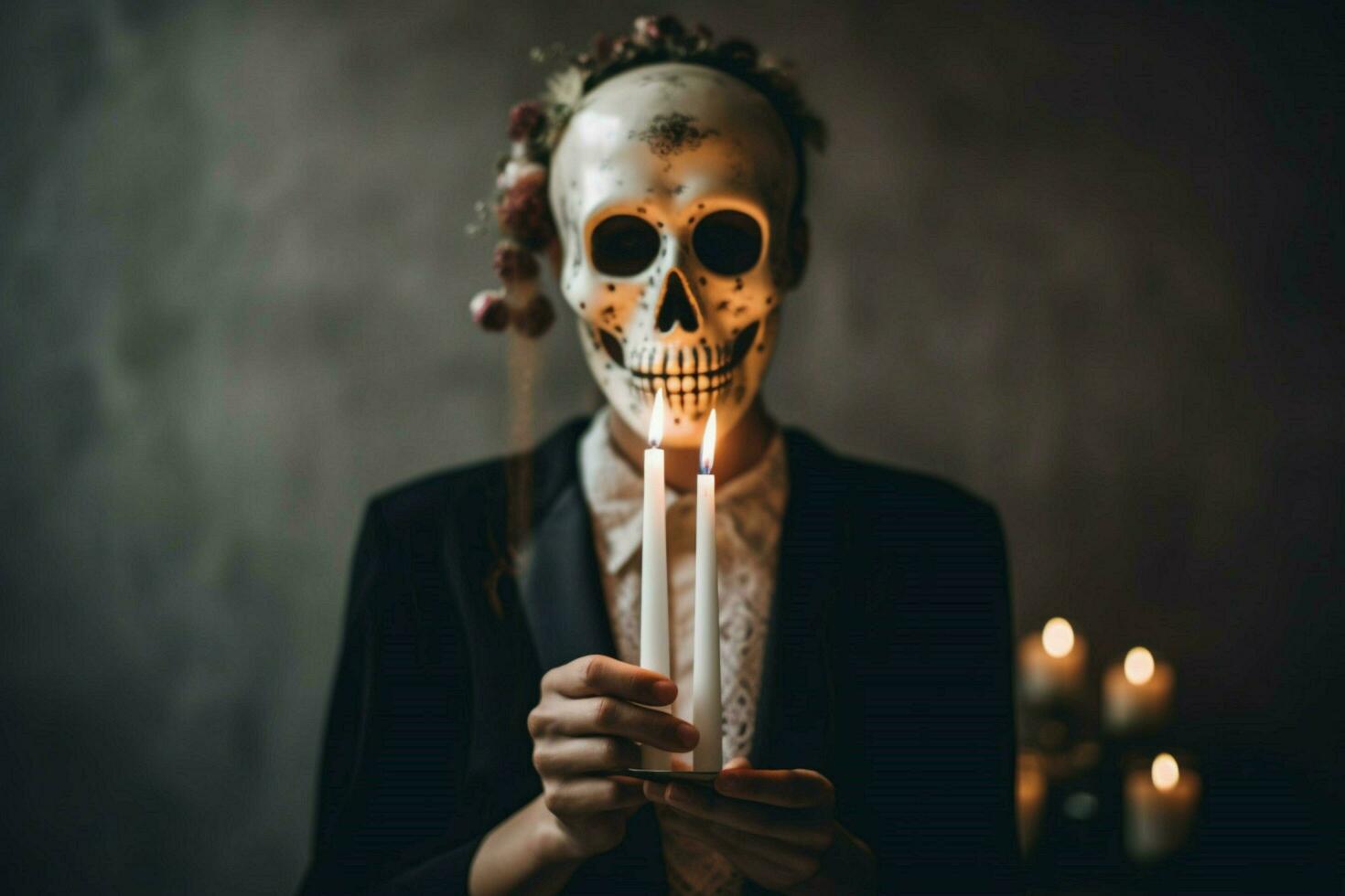 a person with a skull mask and a candle in their ha photo