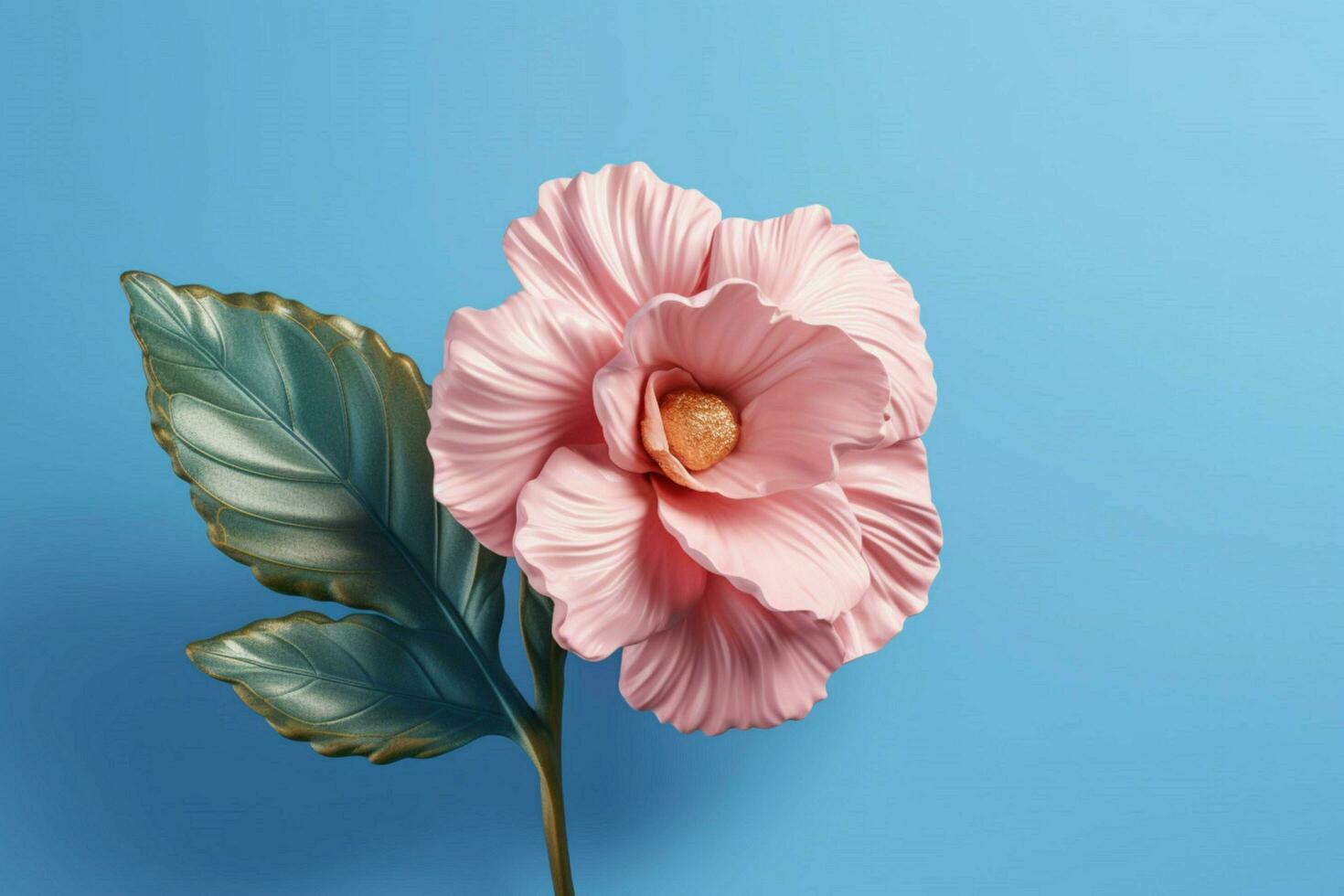 a pink flower with a green leaf on it is on a blu photo