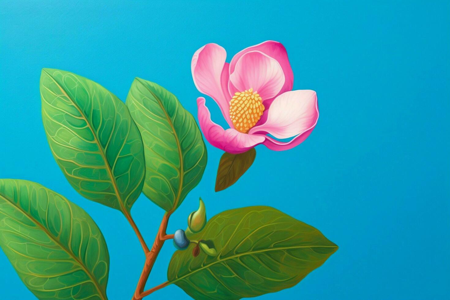 a pink flower with a green leaf on it is on a blu photo