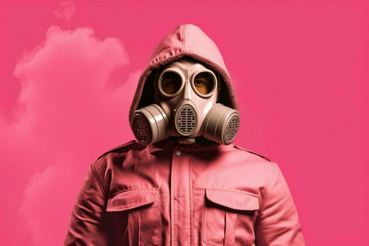 a pink poster with a man wearing a gas mask and a photo