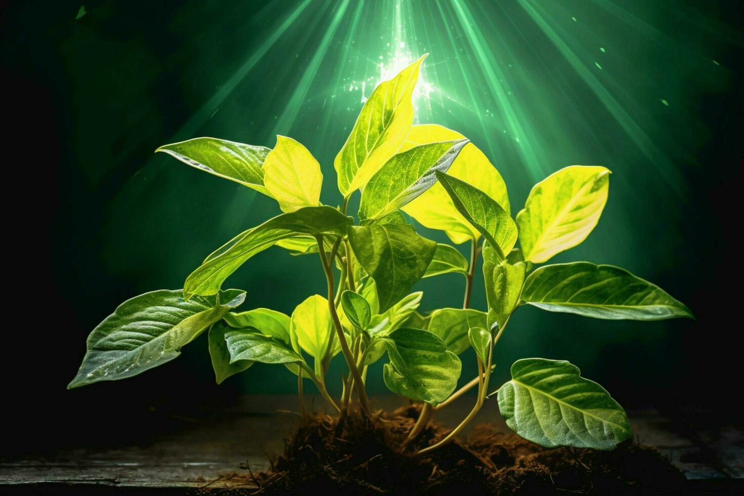 a plant with green leaves and yellow light shinin photo