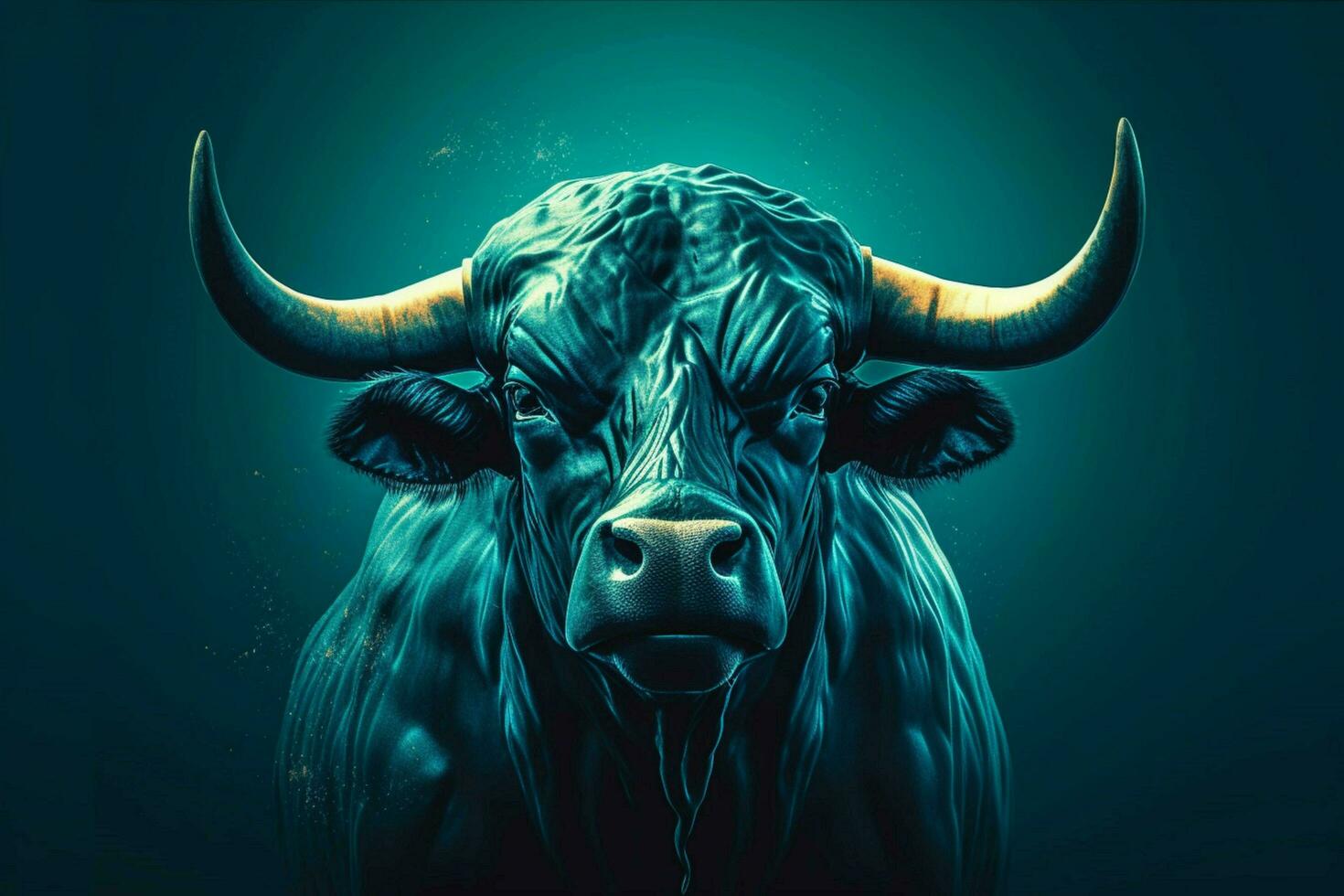 a poster of a bull with a blue background and the photo