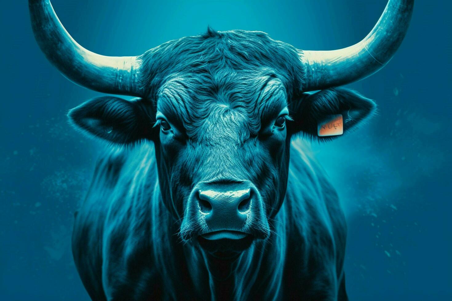 a poster of a bull with a blue background and the photo