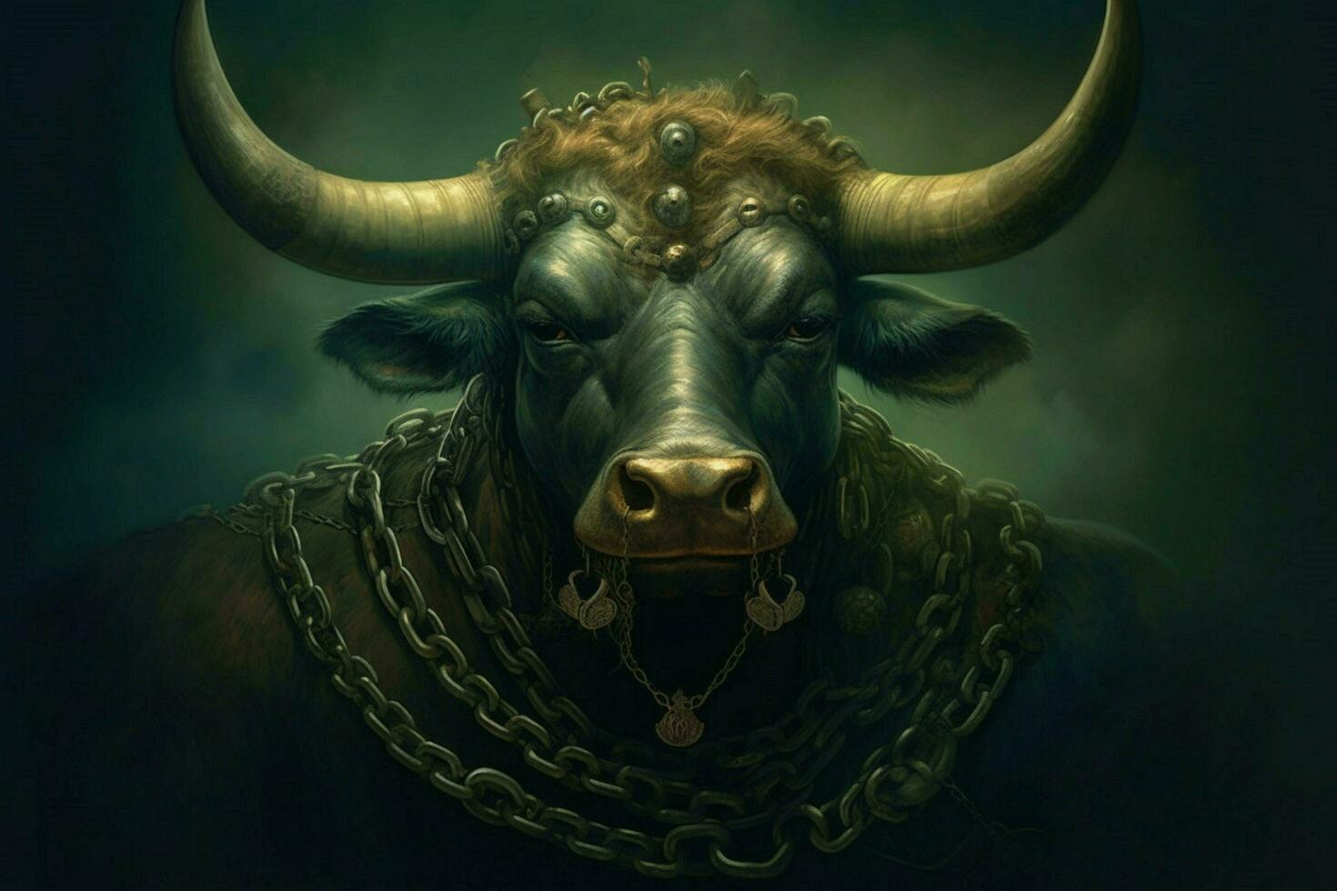 a poster of a bull with a chain around his neck photo