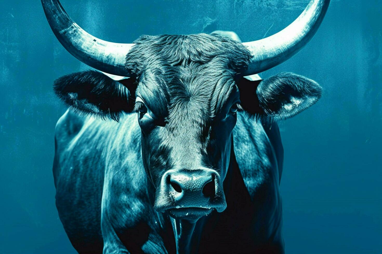 a poster of a bull with a blue background and the photo