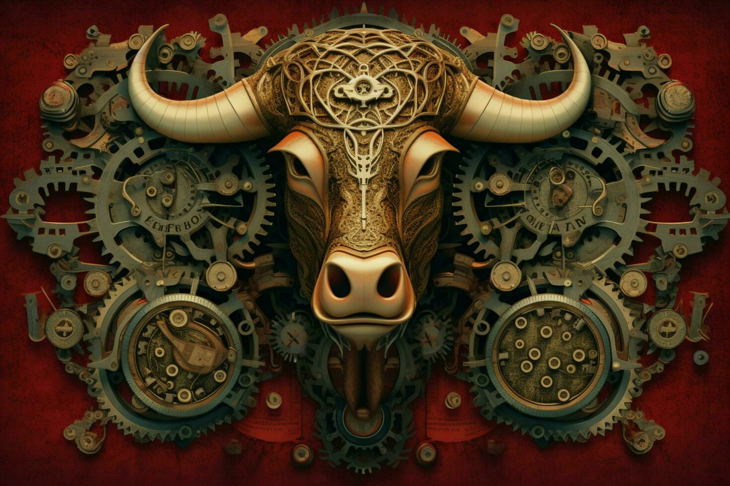 a poster of a bull with a bunch of gears on it photo