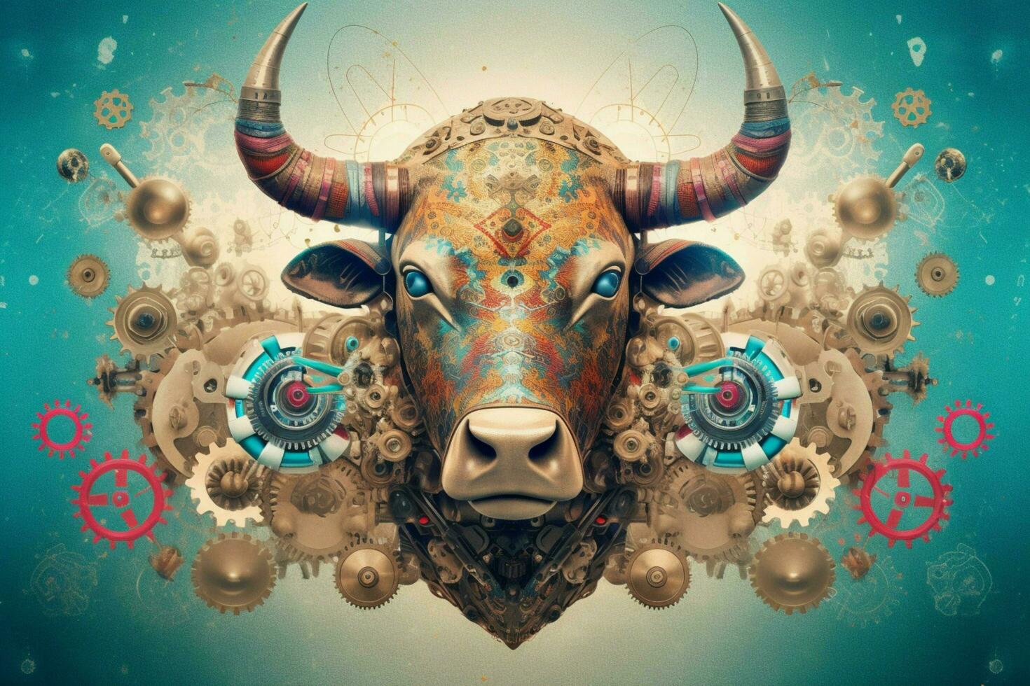 a poster of a bull with a bunch of gears on it photo