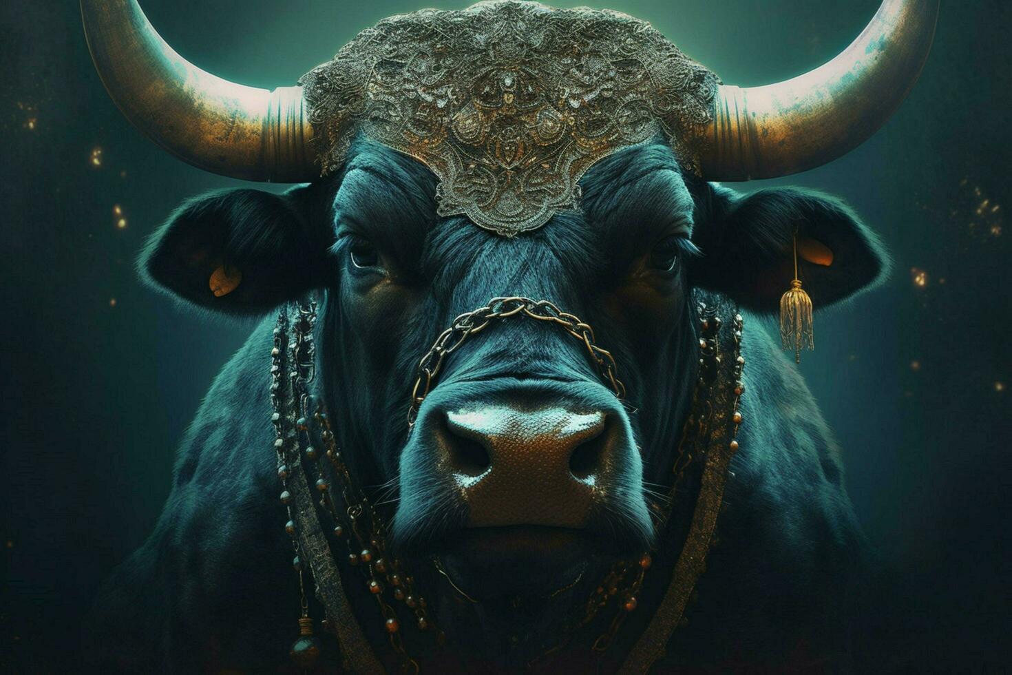 a poster of a bull with a chain around his neck photo