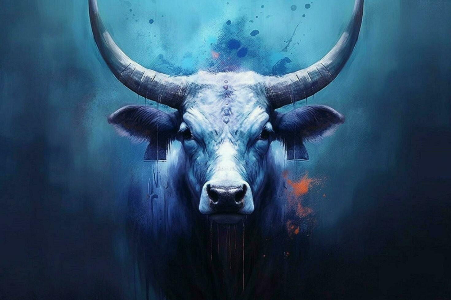 a poster of a cow with a blue head and horns photo