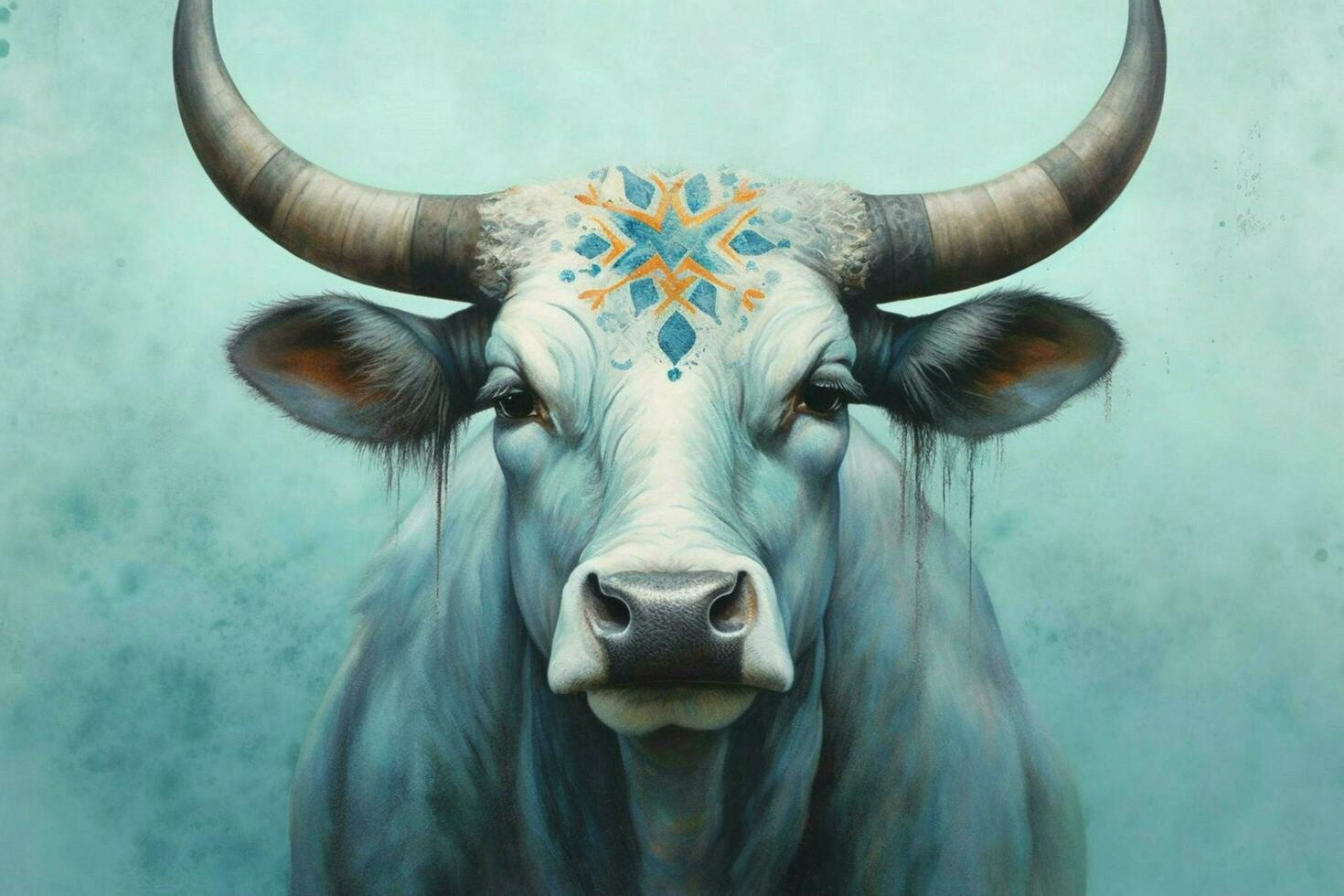 a poster of a cow with a blue head and horns photo