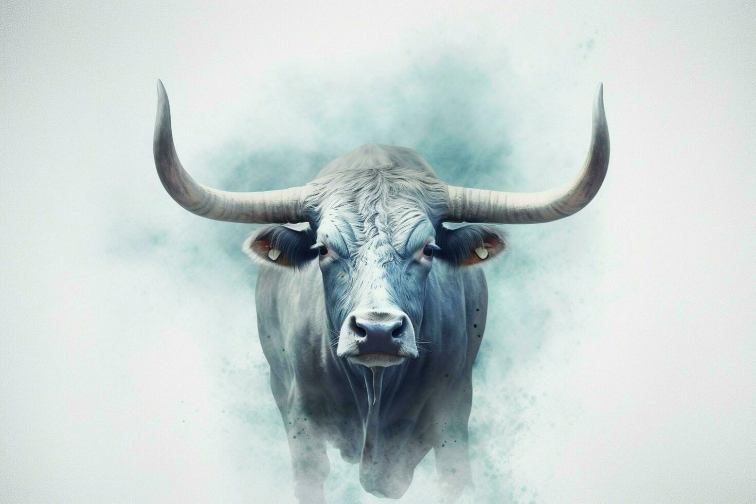 a poster of a cow with a blue head and horns photo