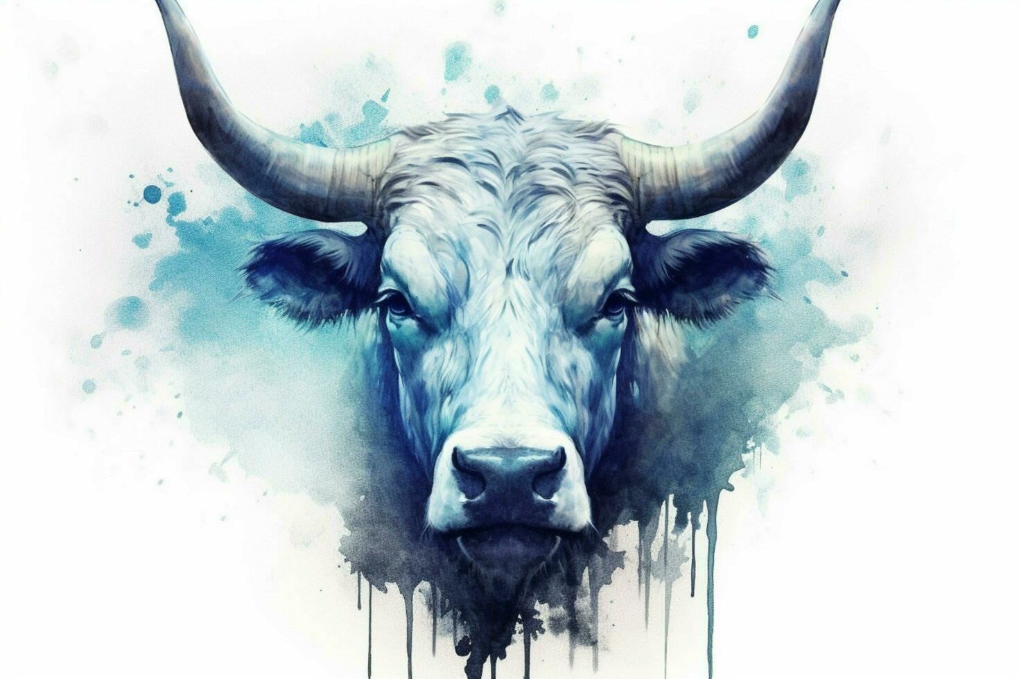 a poster of a cow with a blue head and horns photo