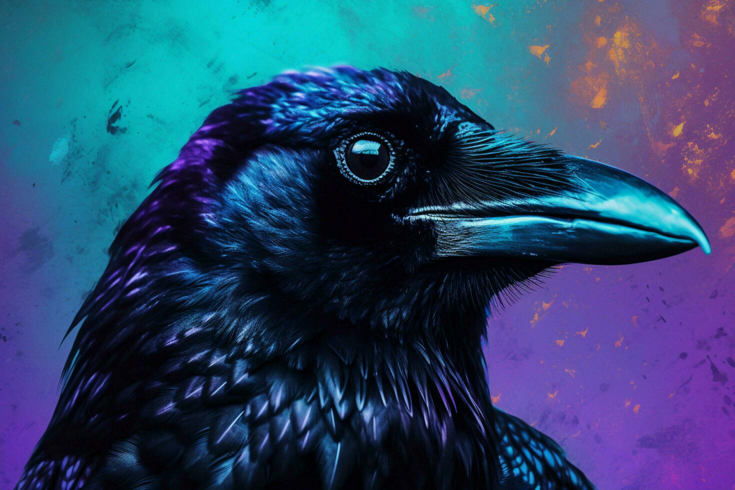 a poster of a crow with a purple background and a photo