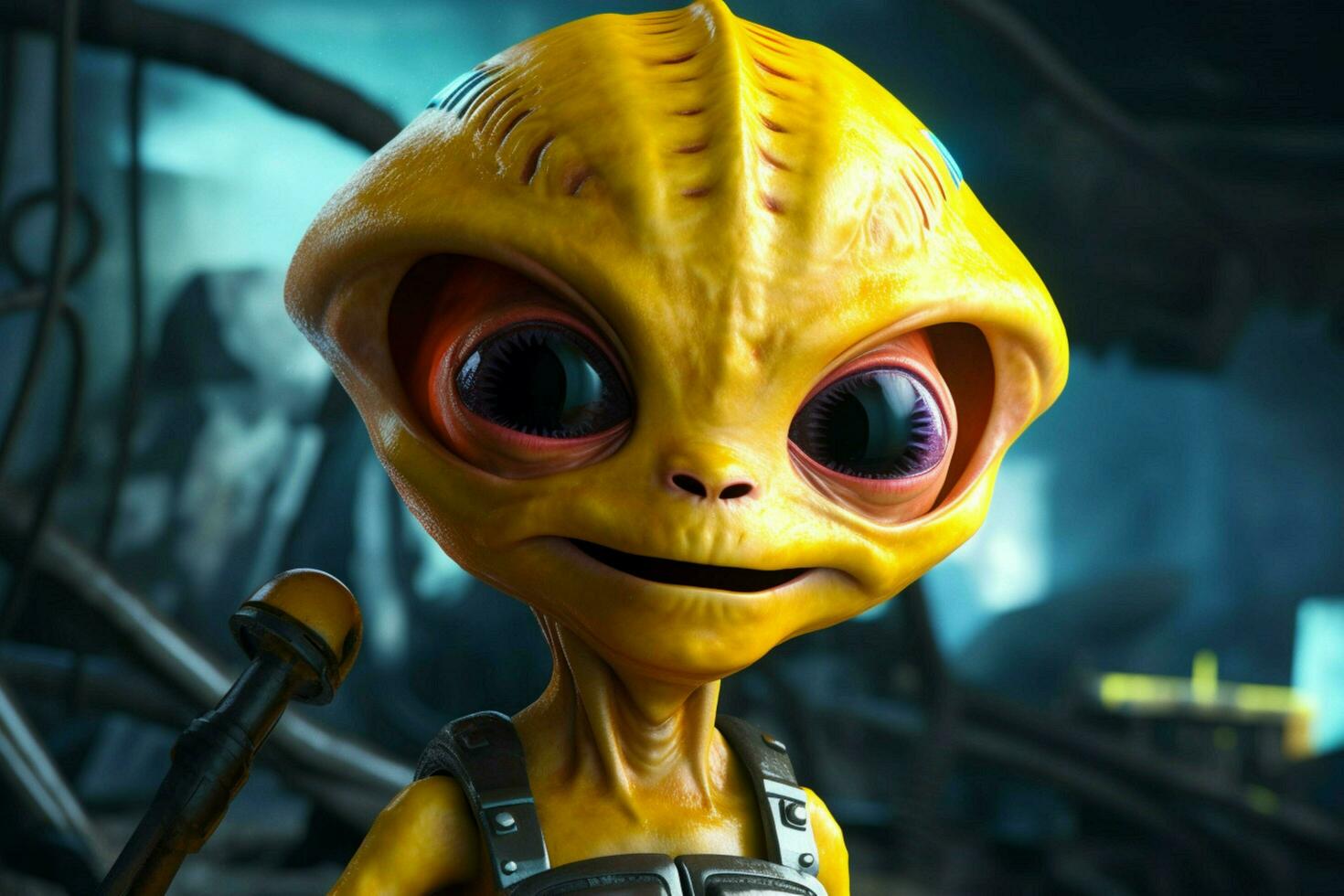 un póster de un pequeño extraterrestre con un amarillo casco un foto