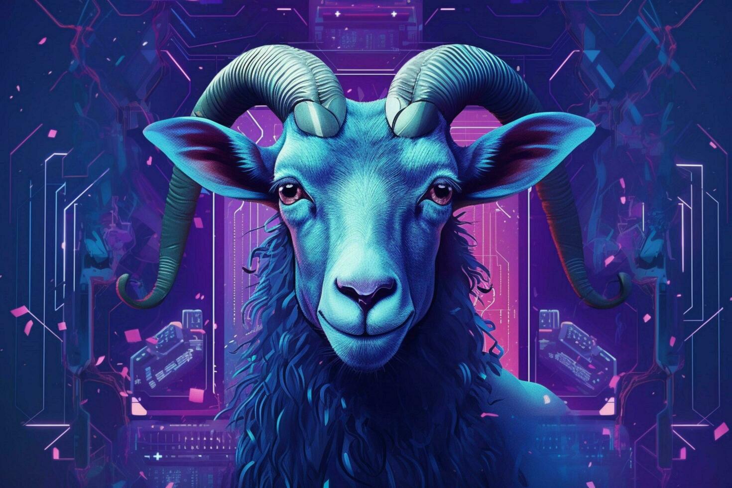 a purple and blue poster of a goat with horns and photo