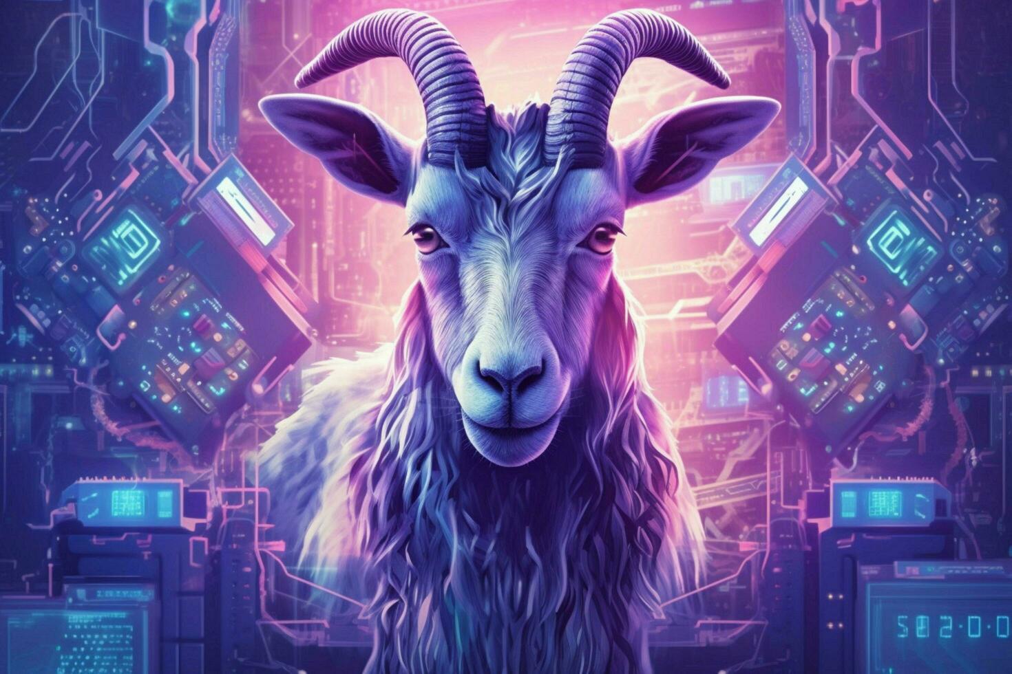 a purple and blue poster of a goat with horns and photo
