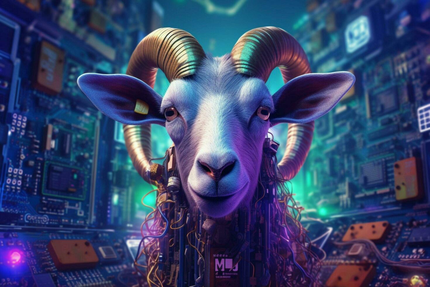 a purple and blue poster of a goat with horns and photo