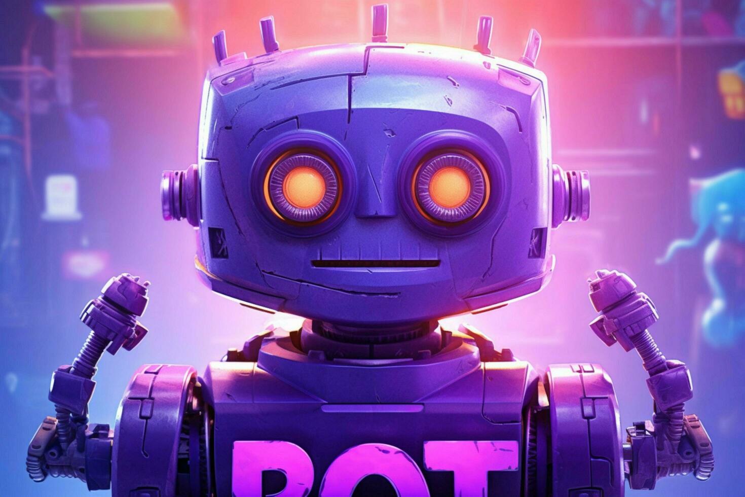 a purple poster with a robot head and the word ro photo