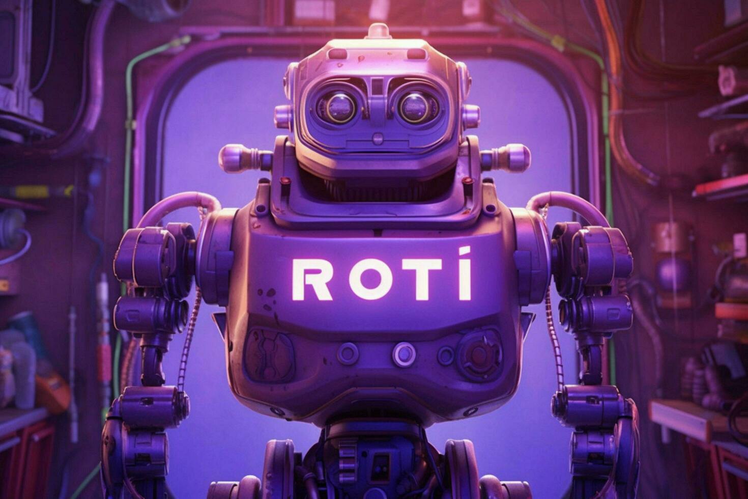 a purple poster with a robot head and the word ro photo