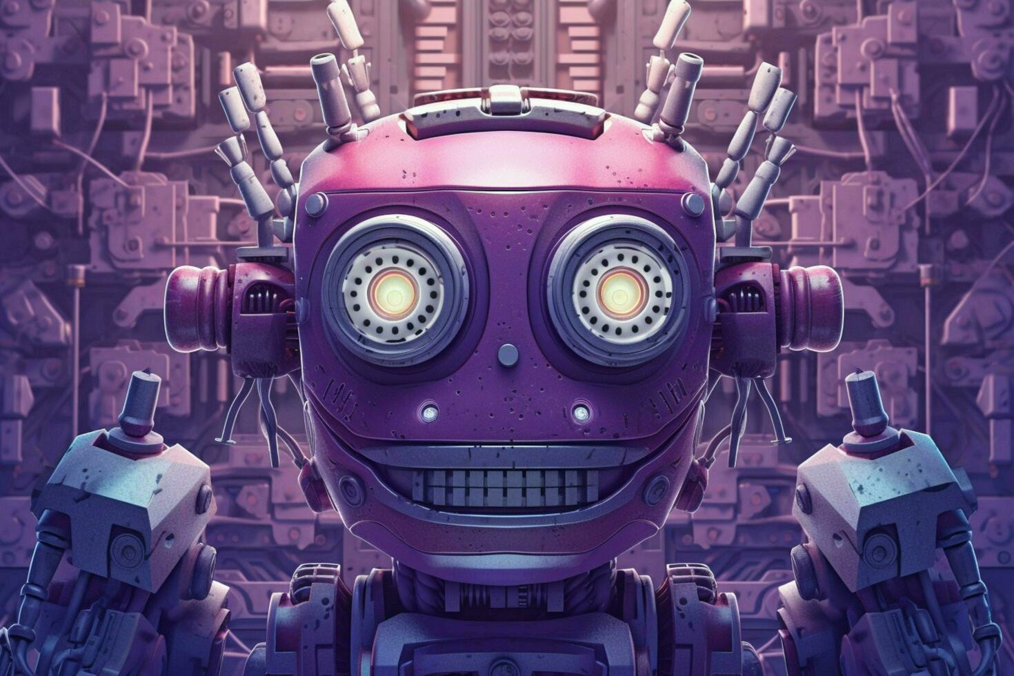 a purple poster with a robot head and the word ro photo