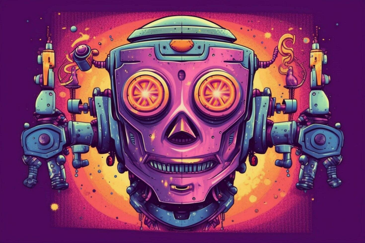 a purple poster with a robot head and the word ro photo