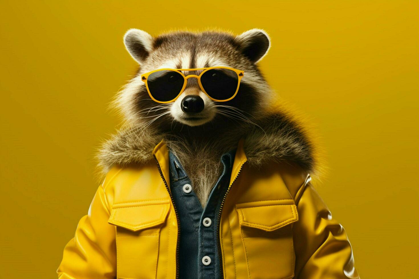 a raccoon wearing a yellow jacket and sunglasses photo