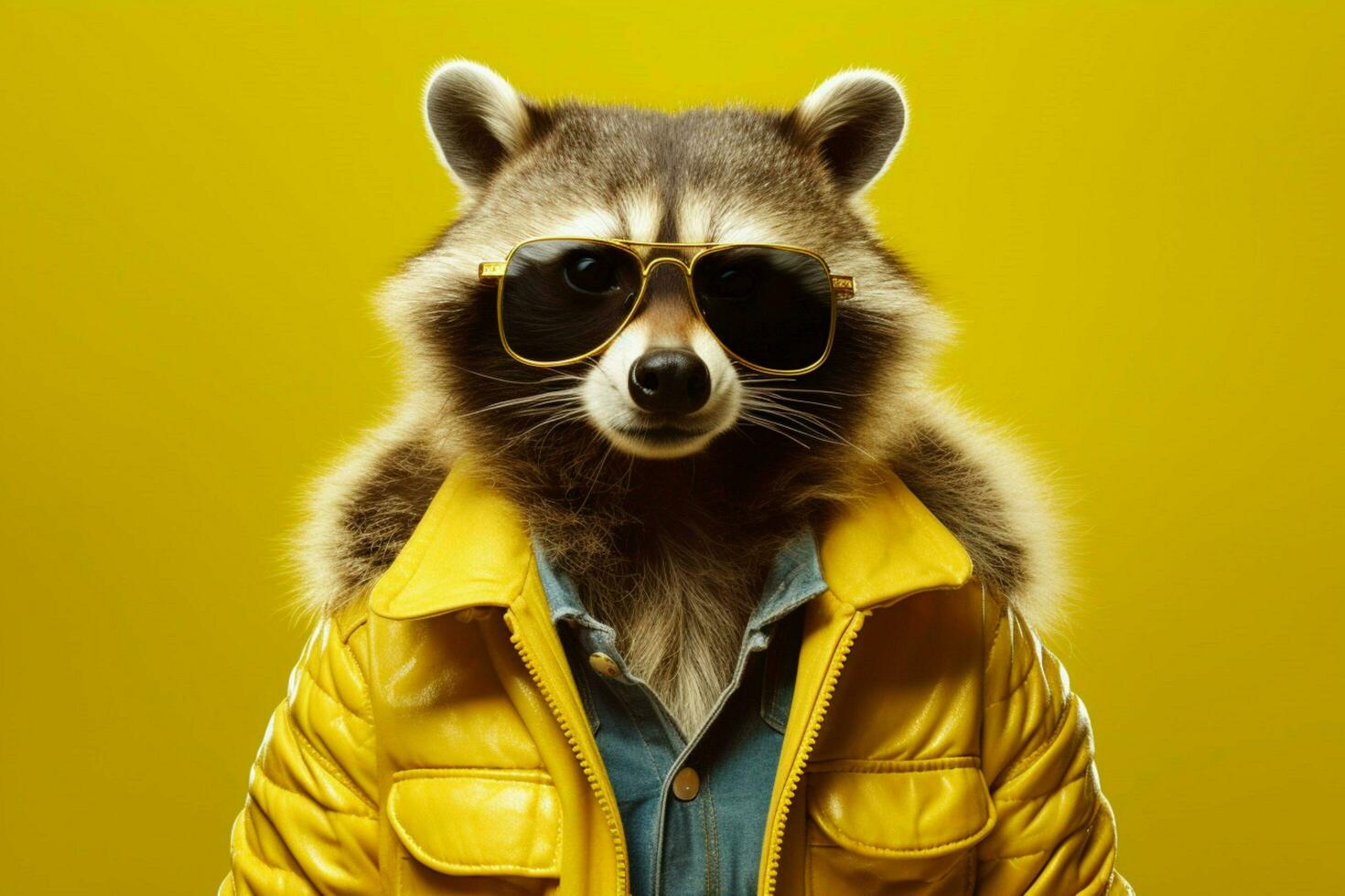 a raccoon wearing a yellow jacket and sunglasses photo