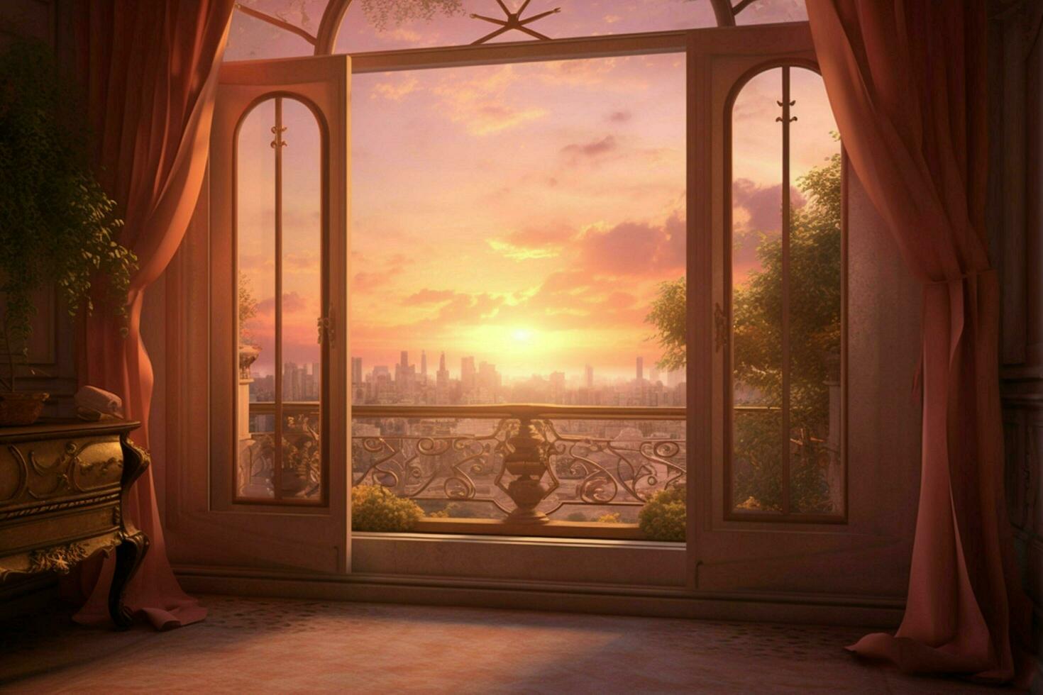 a room with a view and a window with a sunset in th photo