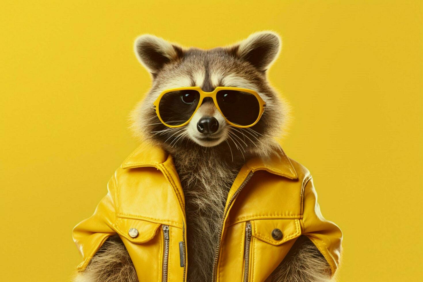 a raccoon wearing a yellow jacket and sunglasses photo