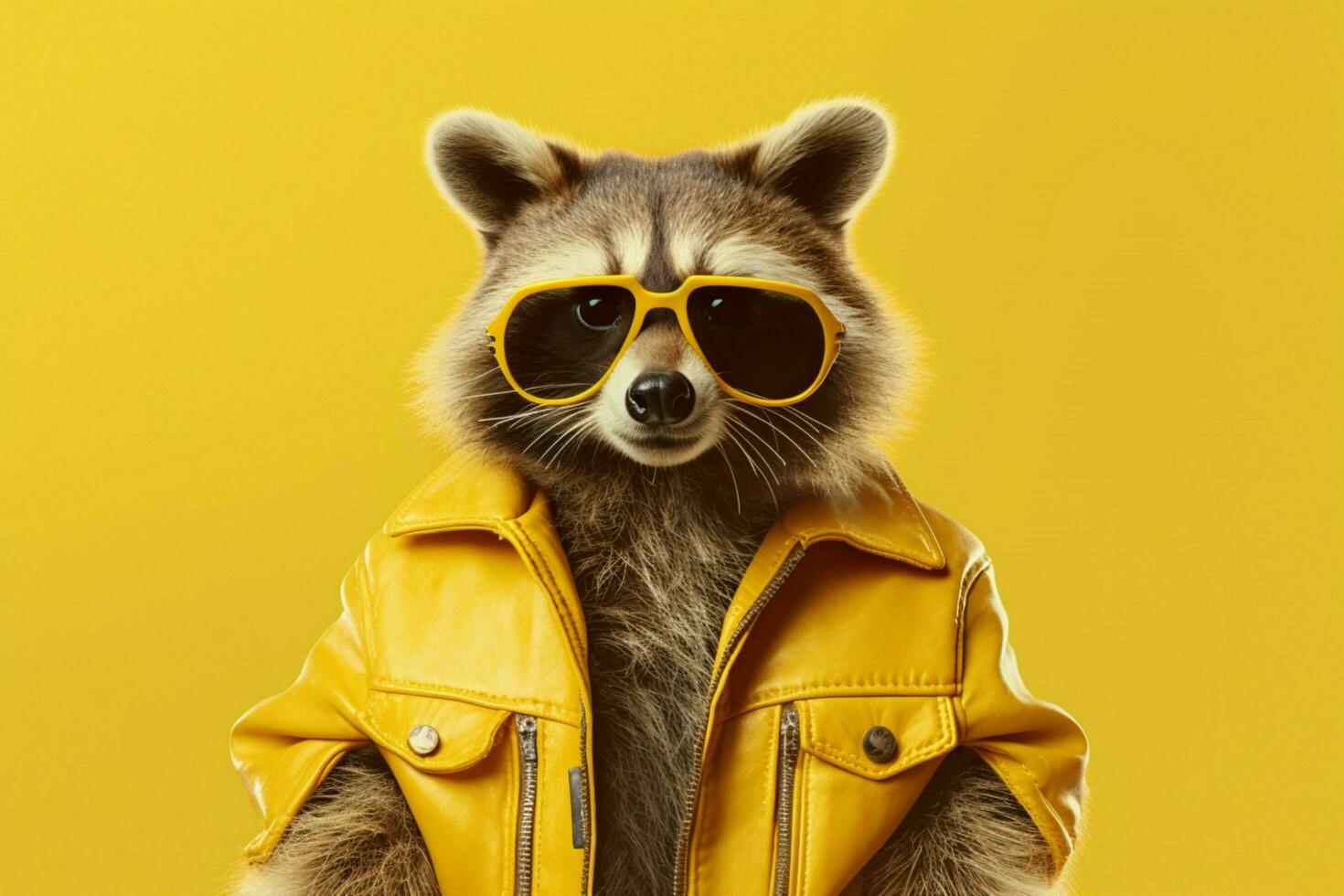 a raccoon wearing a yellow jacket and sunglasses photo