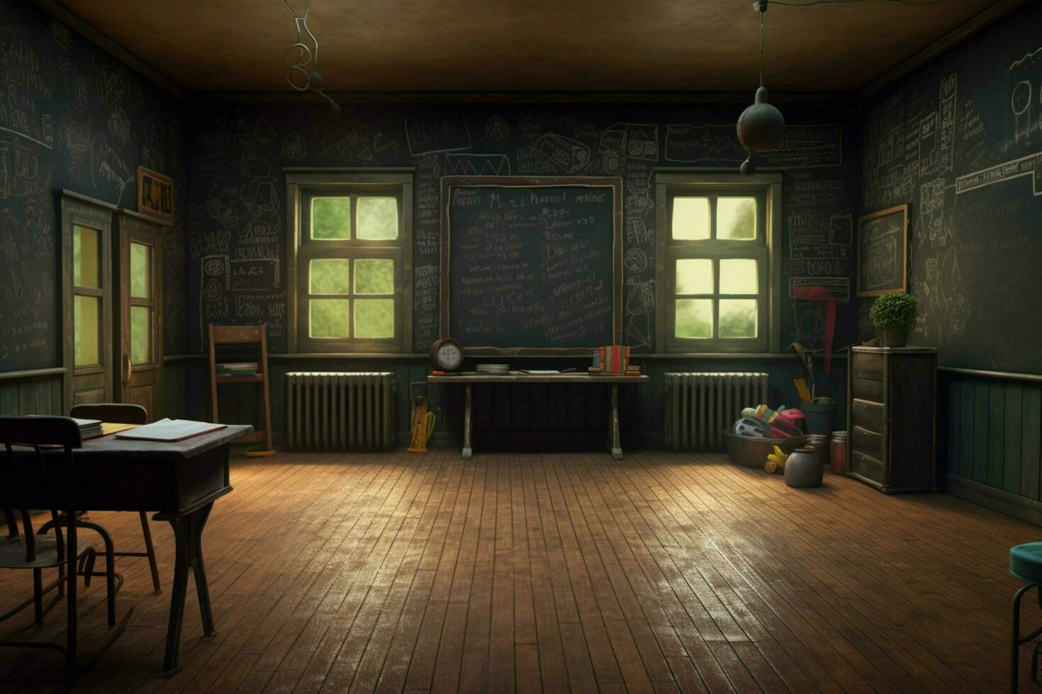 a room with a blackboard that says photo