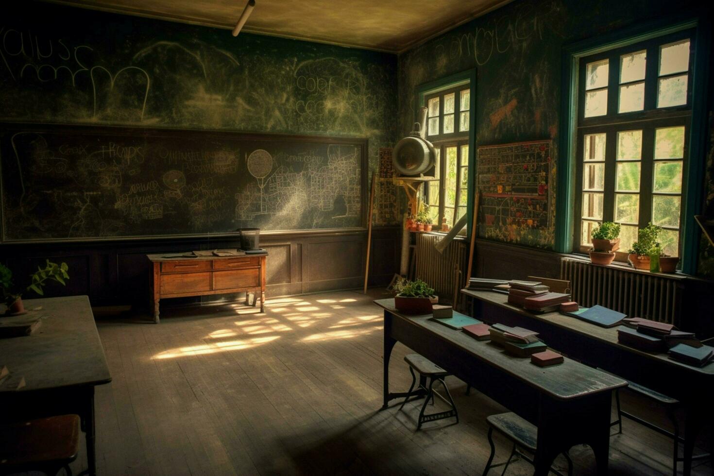 a room with a blackboard that says photo