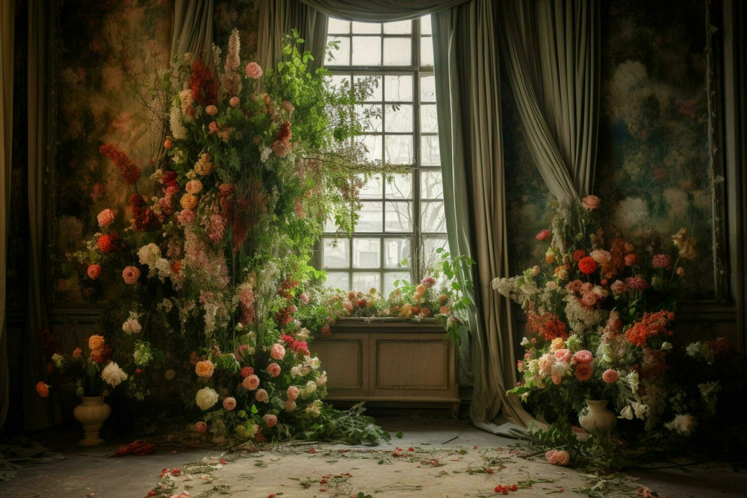 a room with flowers and a large curtain photo
