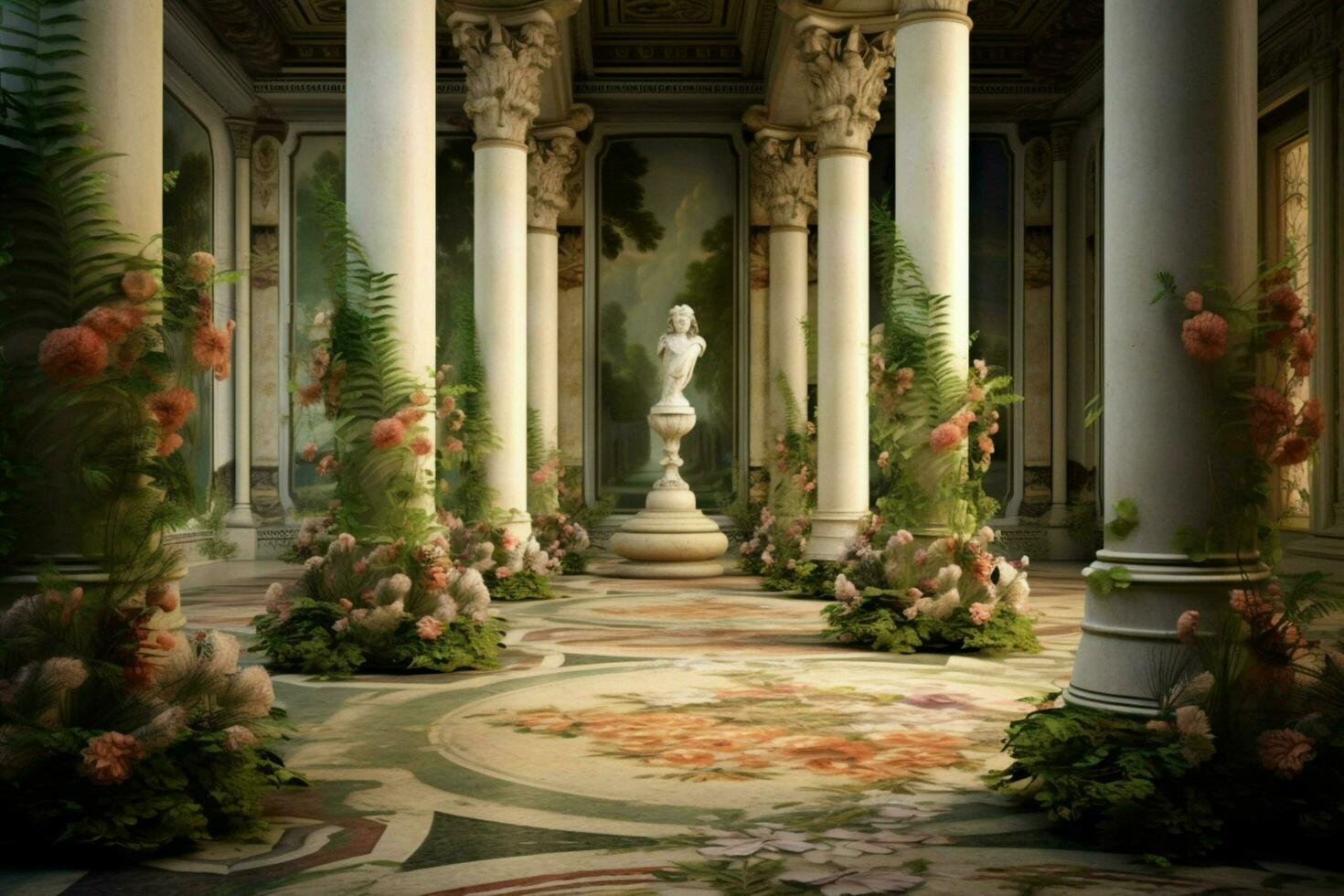 a room with columns and flowers on the floor photo