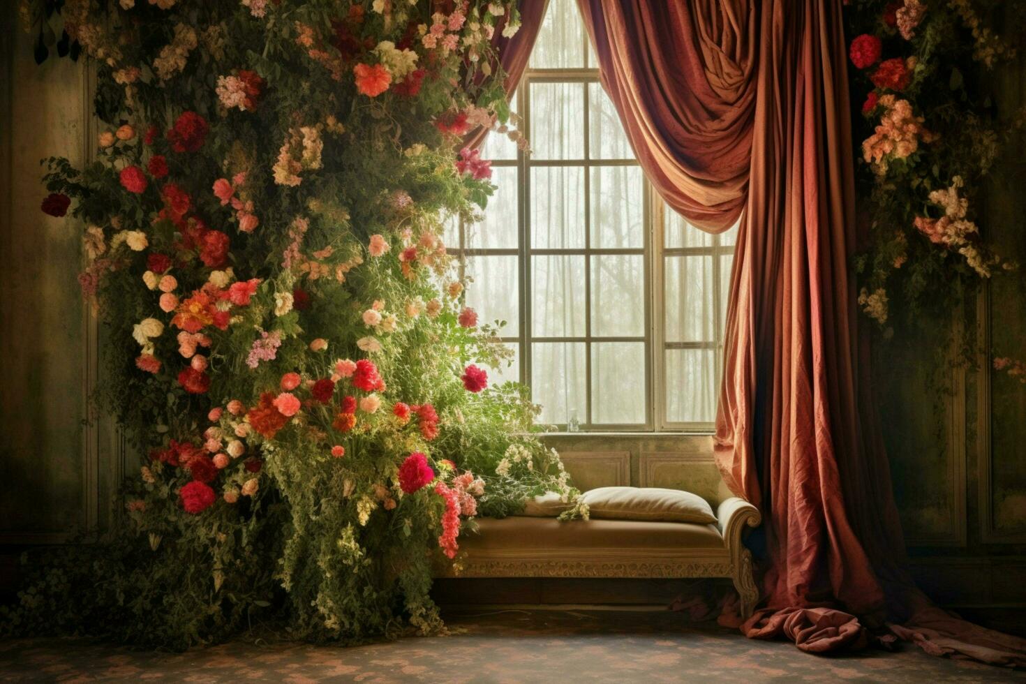 a room with flowers and a large curtain photo
