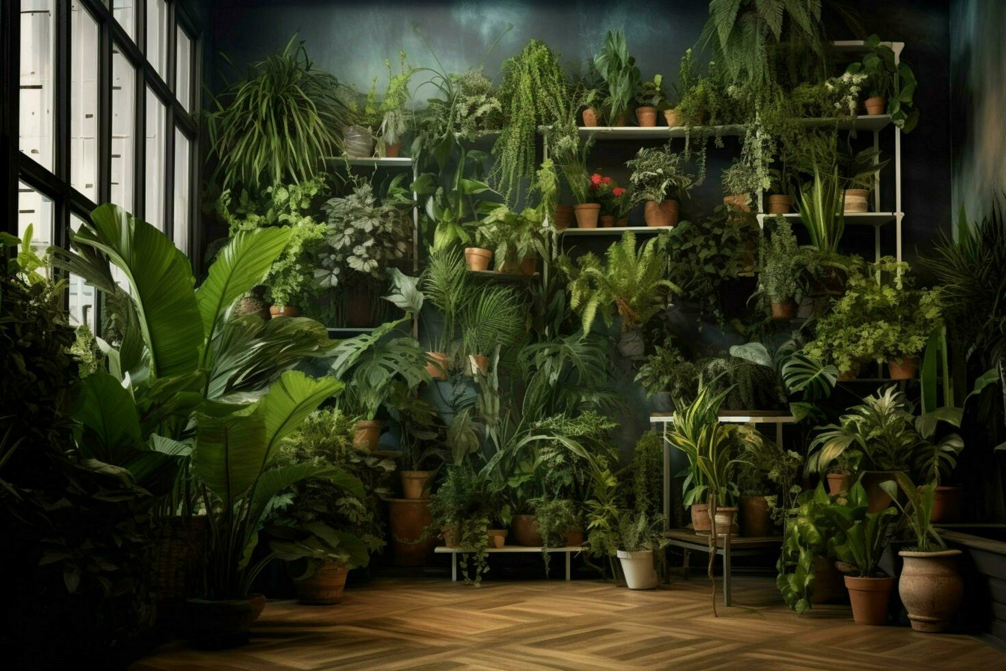 un habitación con plantas y un pared ese dice foto