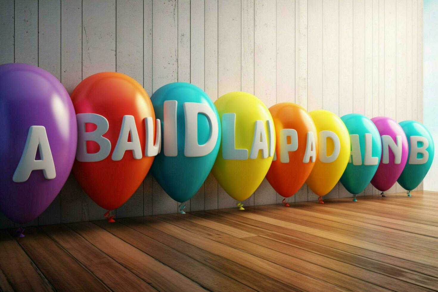 a row of colorful balloons with the word balloon on photo