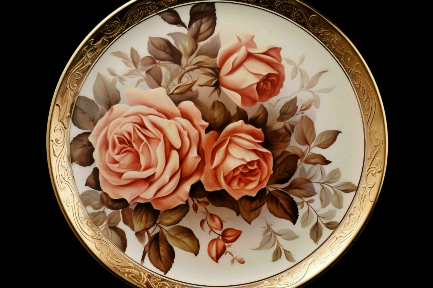 a round plate with roses on it and a gold rim photo