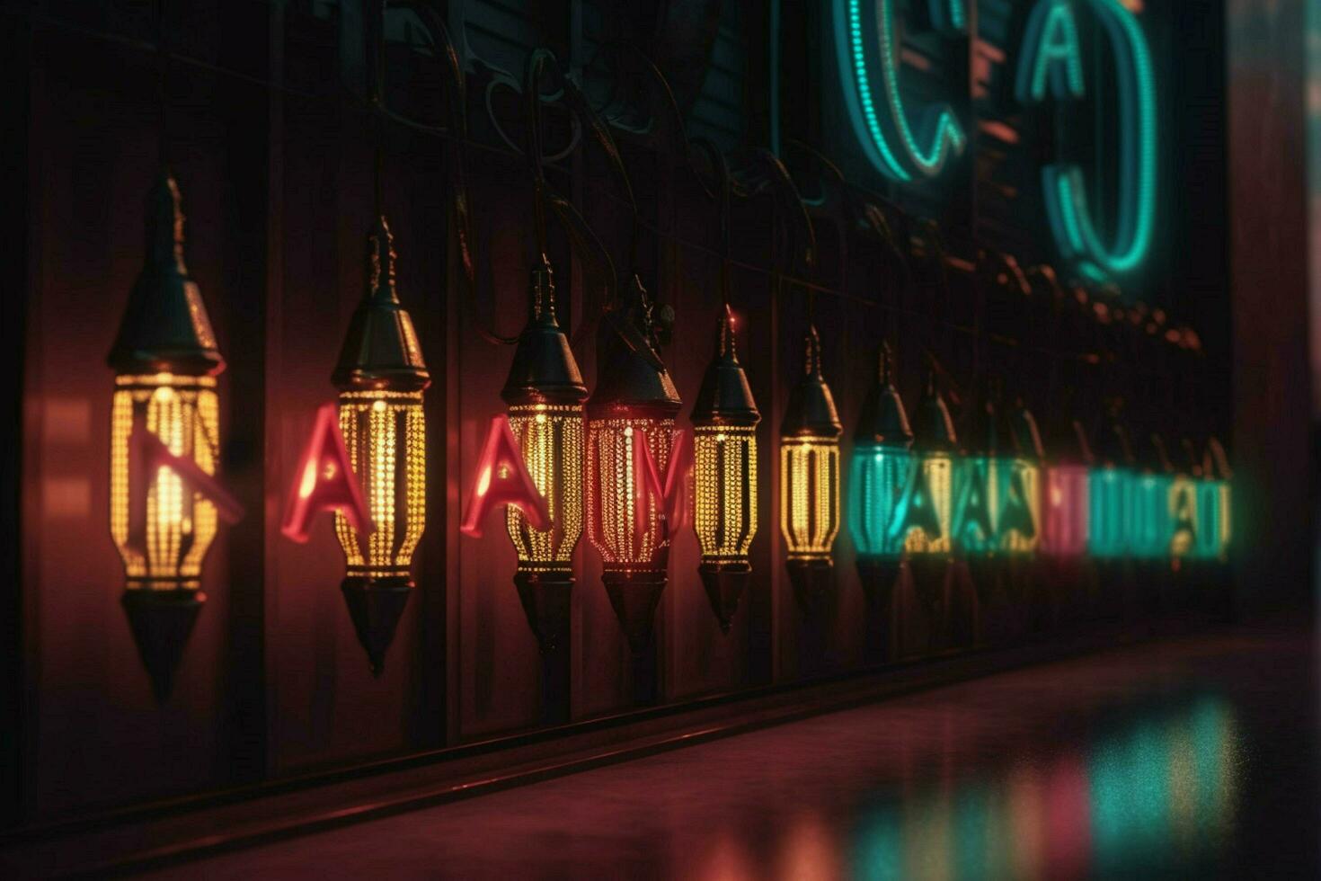 a row of lights with the words ramadan in the mid photo