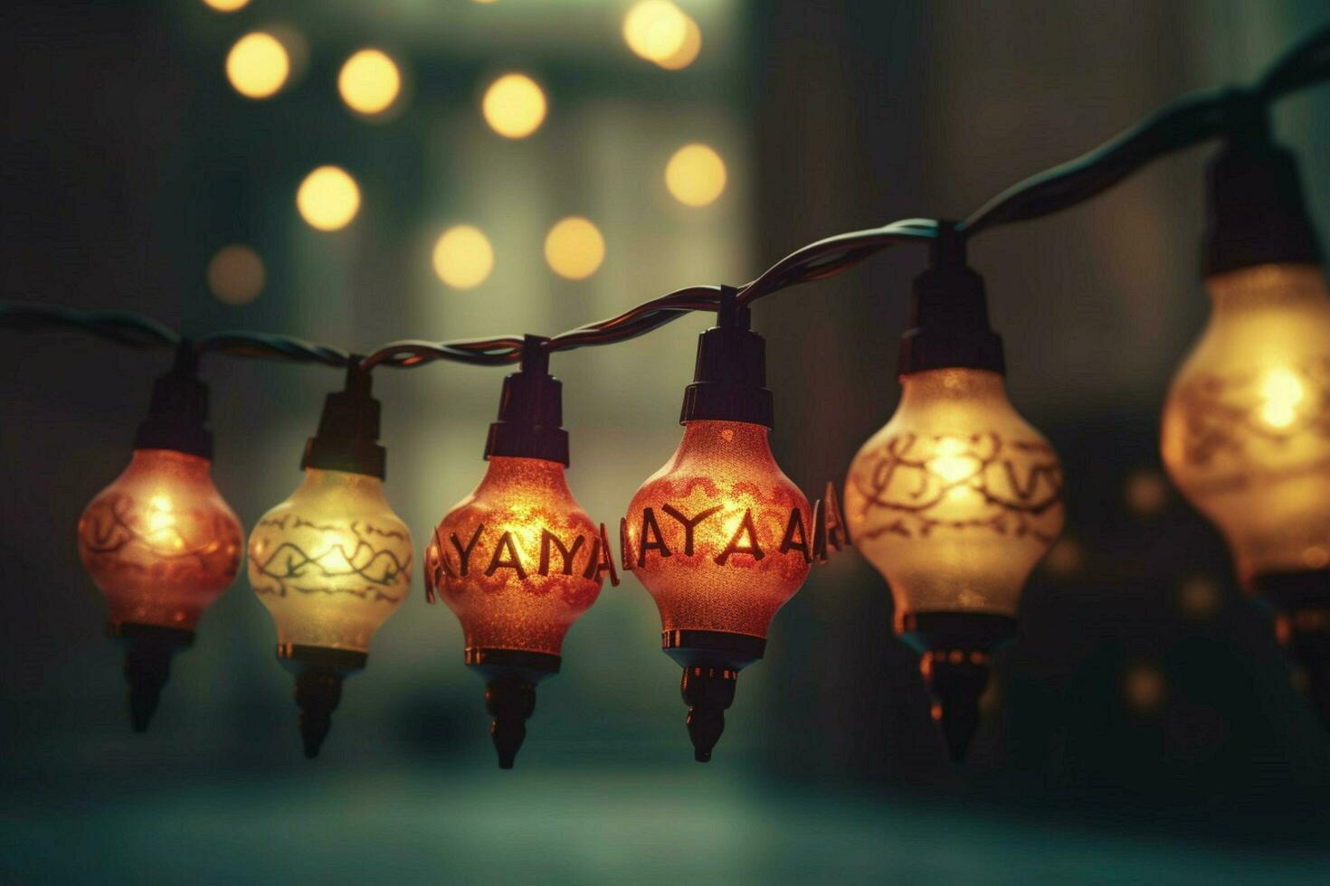 a row of lights with the words ramadan in the mid photo